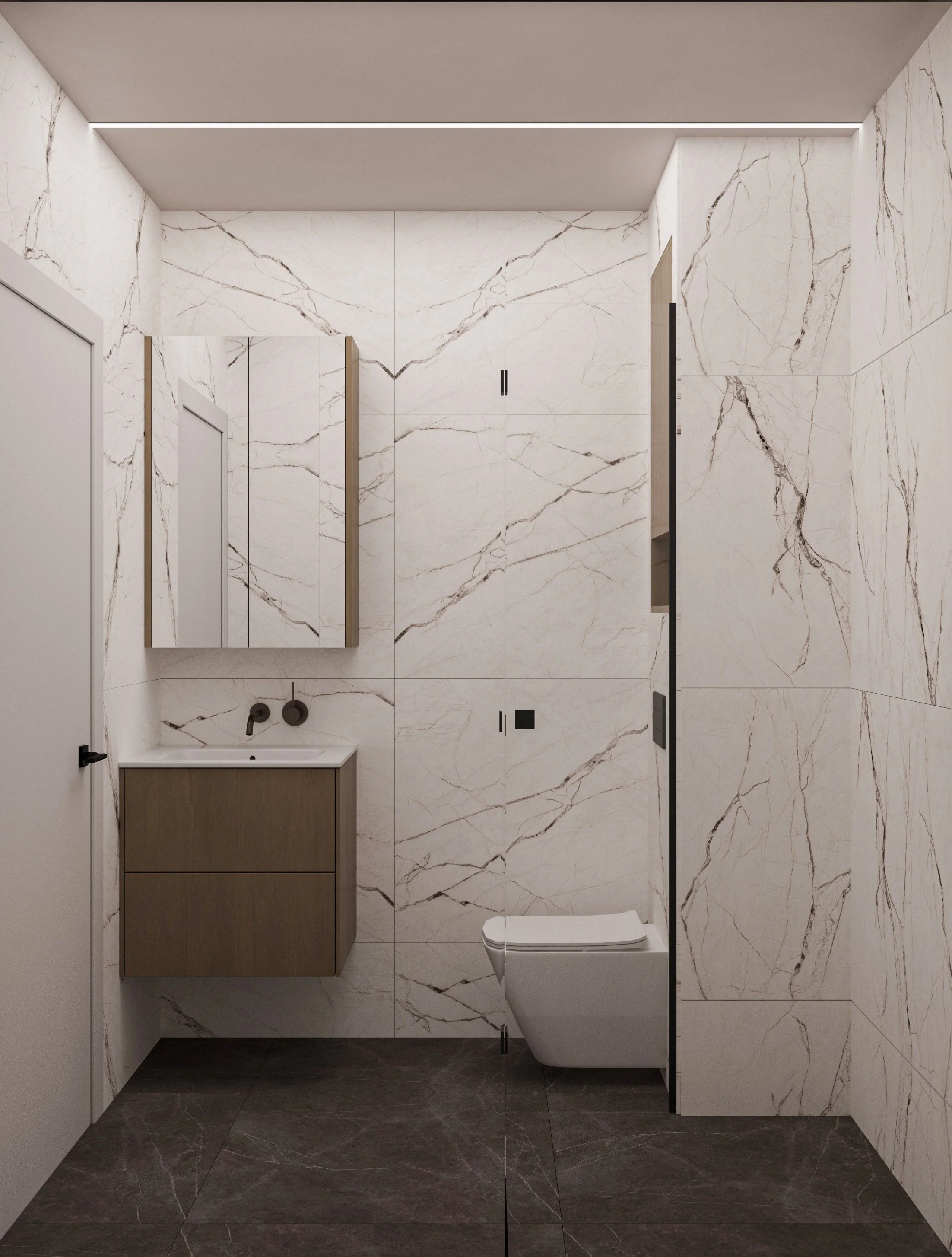 Modern bathroom with marble walls, a floating wooden vanity with a white sink, a mirror cabinet, a toilet, and wall-mounted fixtures.