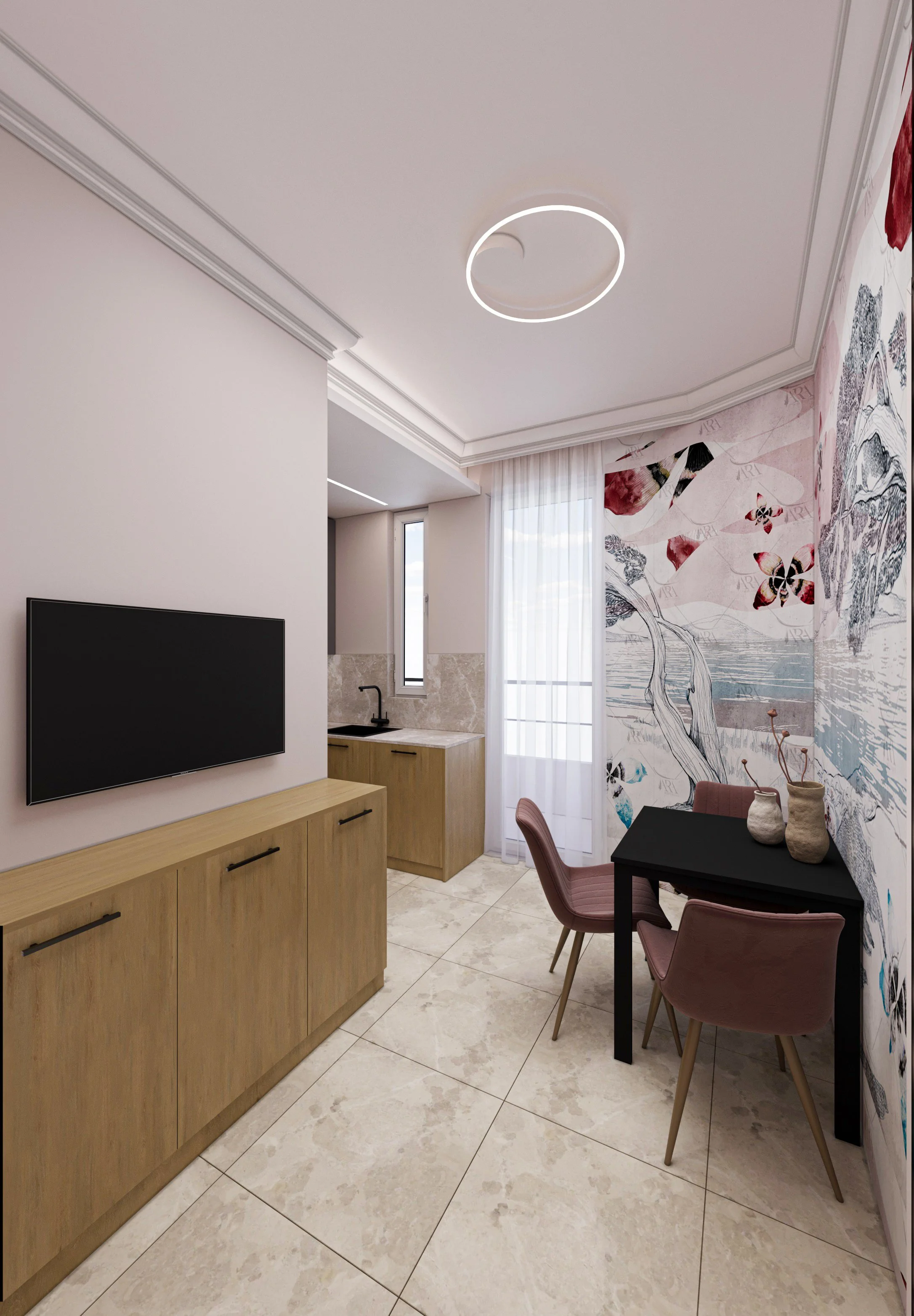 Interior of a modern apartment with a wall-mounted television, a small kitchen area with a sink, a window with sheer curtains, a black dining table with three pink chairs, and a large colorful mural wall.
