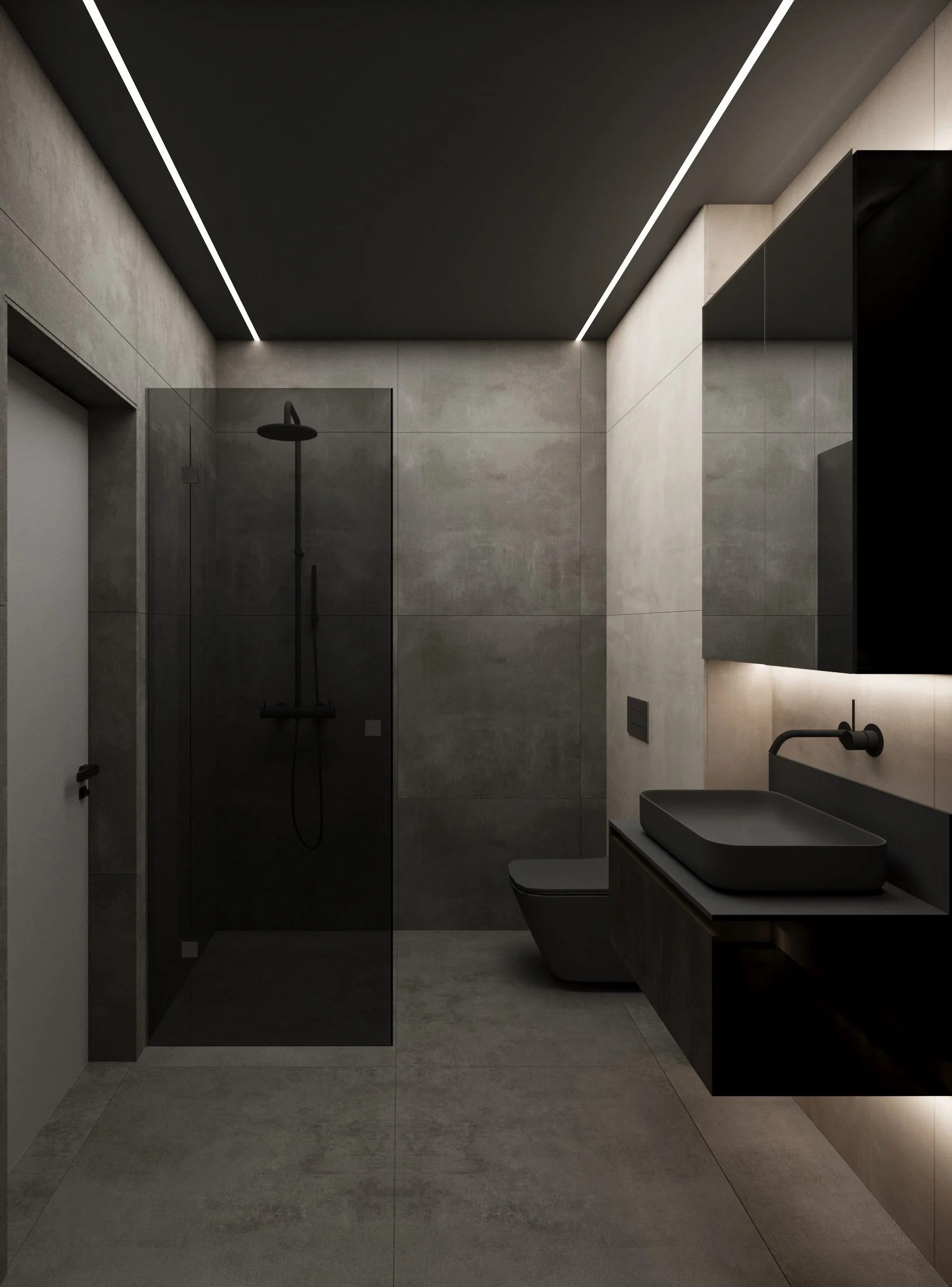 Modern minimalist bathroom with concrete walls and floor, black fixtures, a floating vanity with a rectangular sink, and a walk-in shower enclosed by black glass.