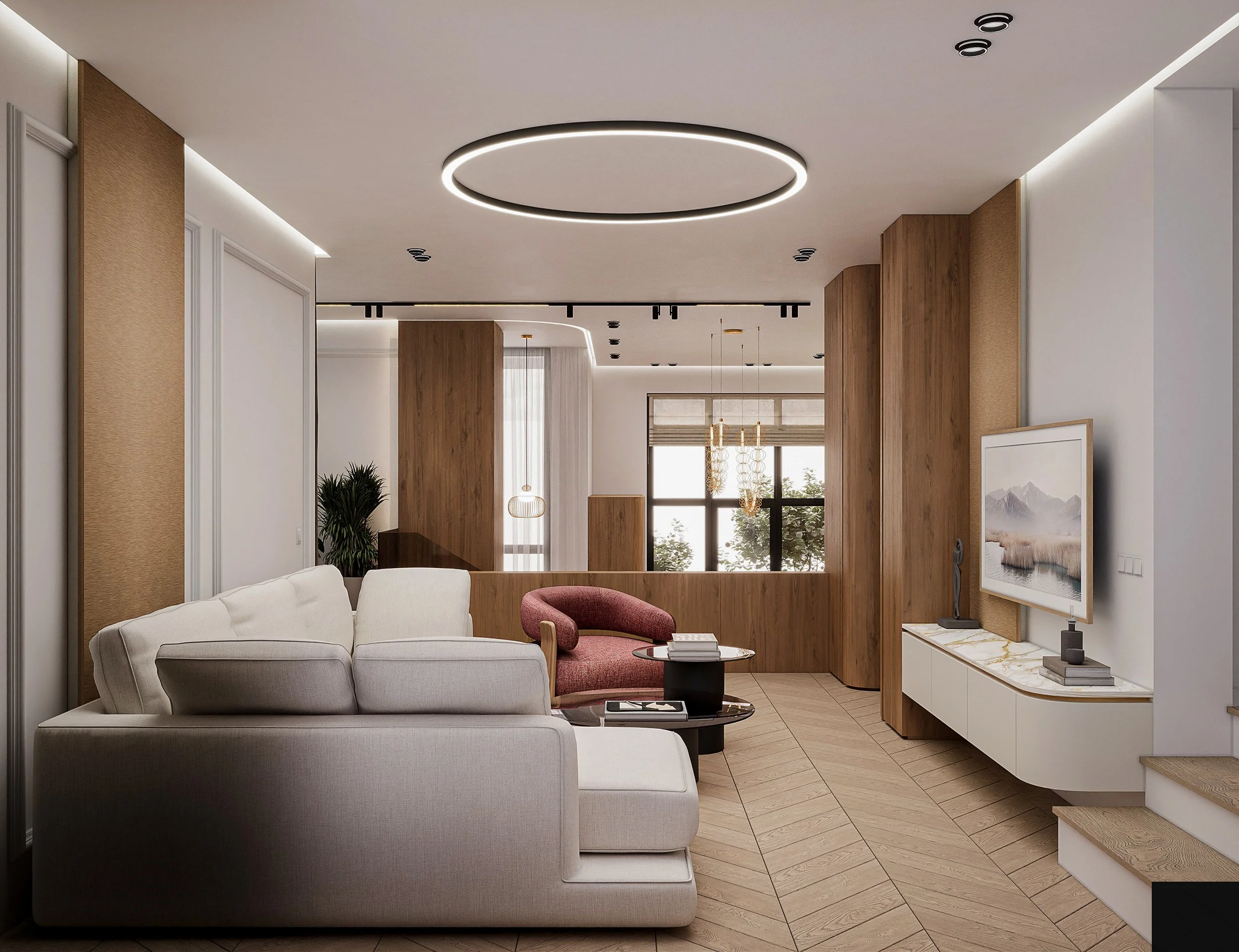 Modern living room with white sofa, pink armchair, wooden accents, large window, wall-mounted TV, and minimal decor.