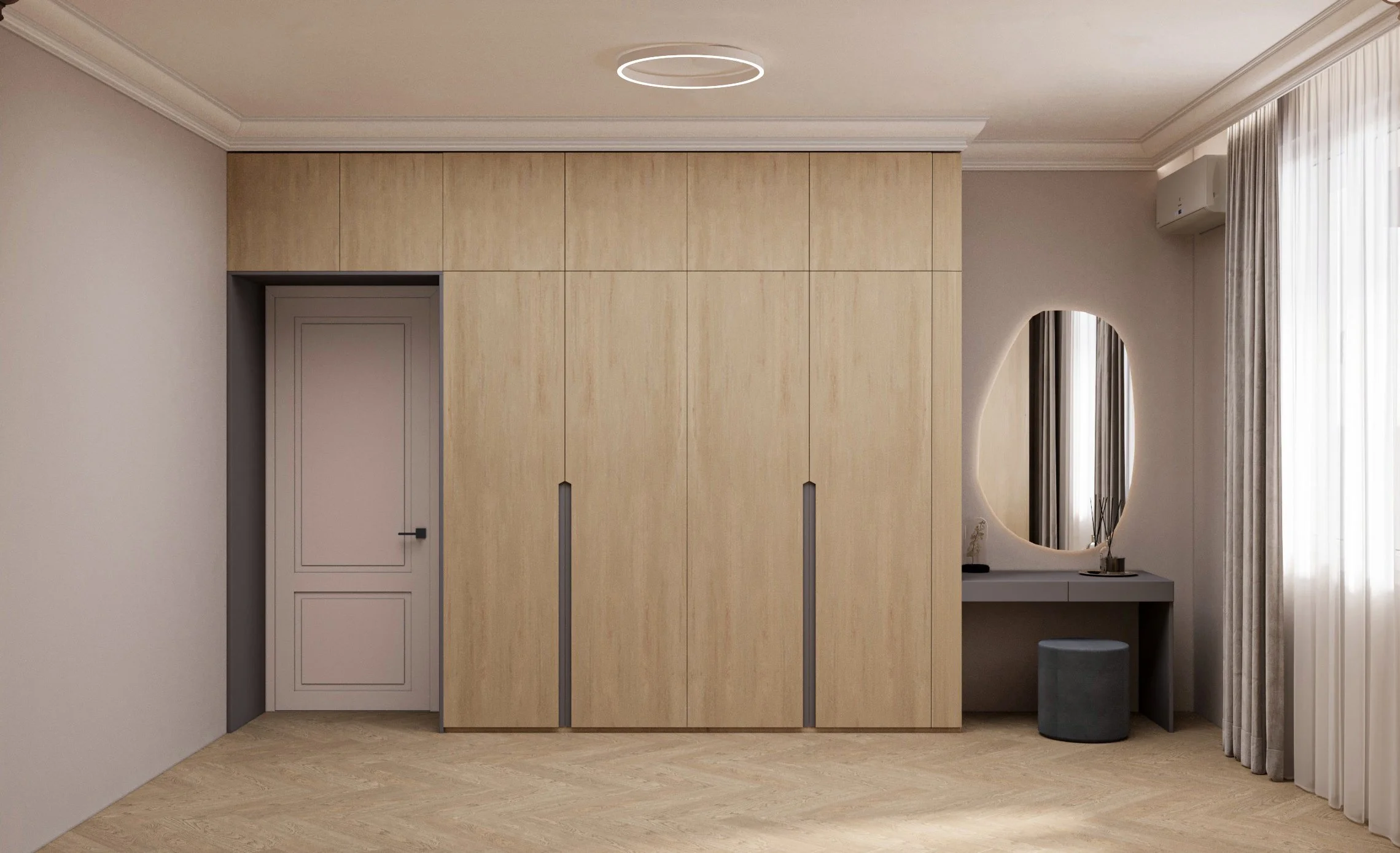 Bedroom with built-in wooden closet, pink door, round ceiling light, vanity table with mirror, stool, and large window with curtains.