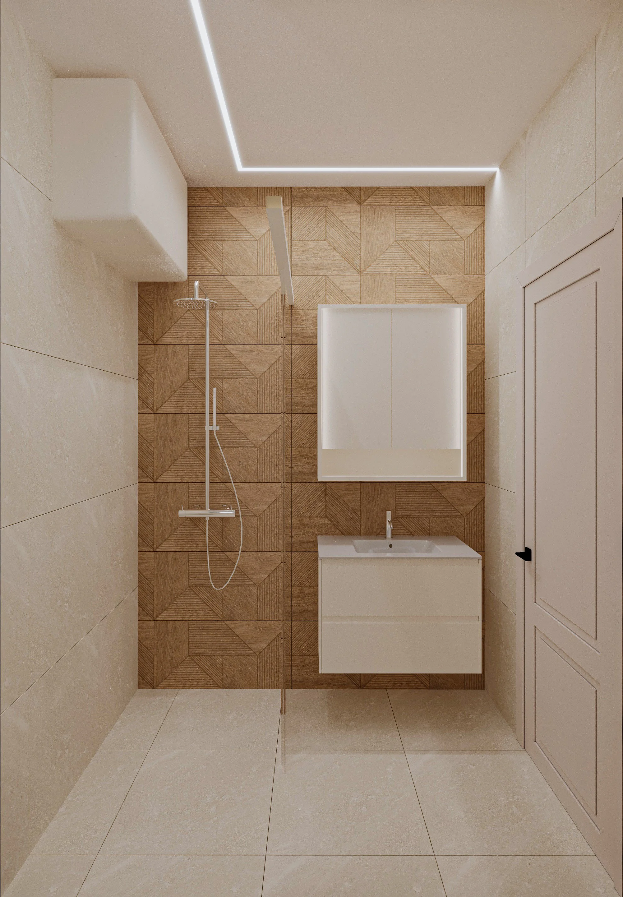 Modern bathroom with beige tiled floor and walls, a white vanity with sink, large mirror, and a wall-mounted shower with a glass partition