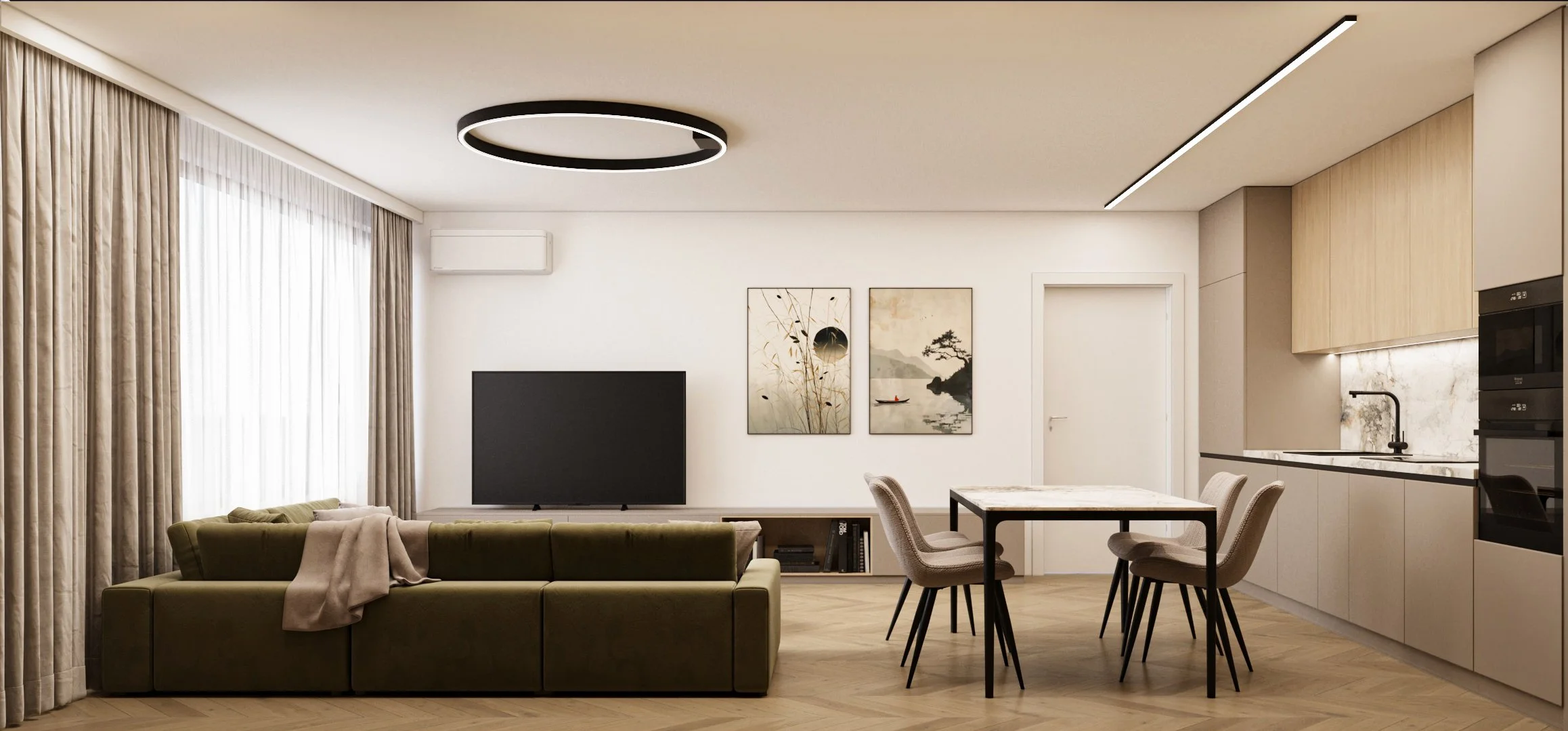 Modern living room and dining area with a green sectional sofa, a flat-screen TV, artistic wall decor, a marble dining table with beige chairs, and a kitchen with wood cabinetry and integrated appliances.