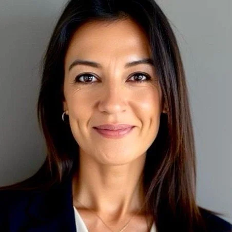 Portrait of a smiling woman with long dark hair, wearing a dark blazer, standing against a gray background.