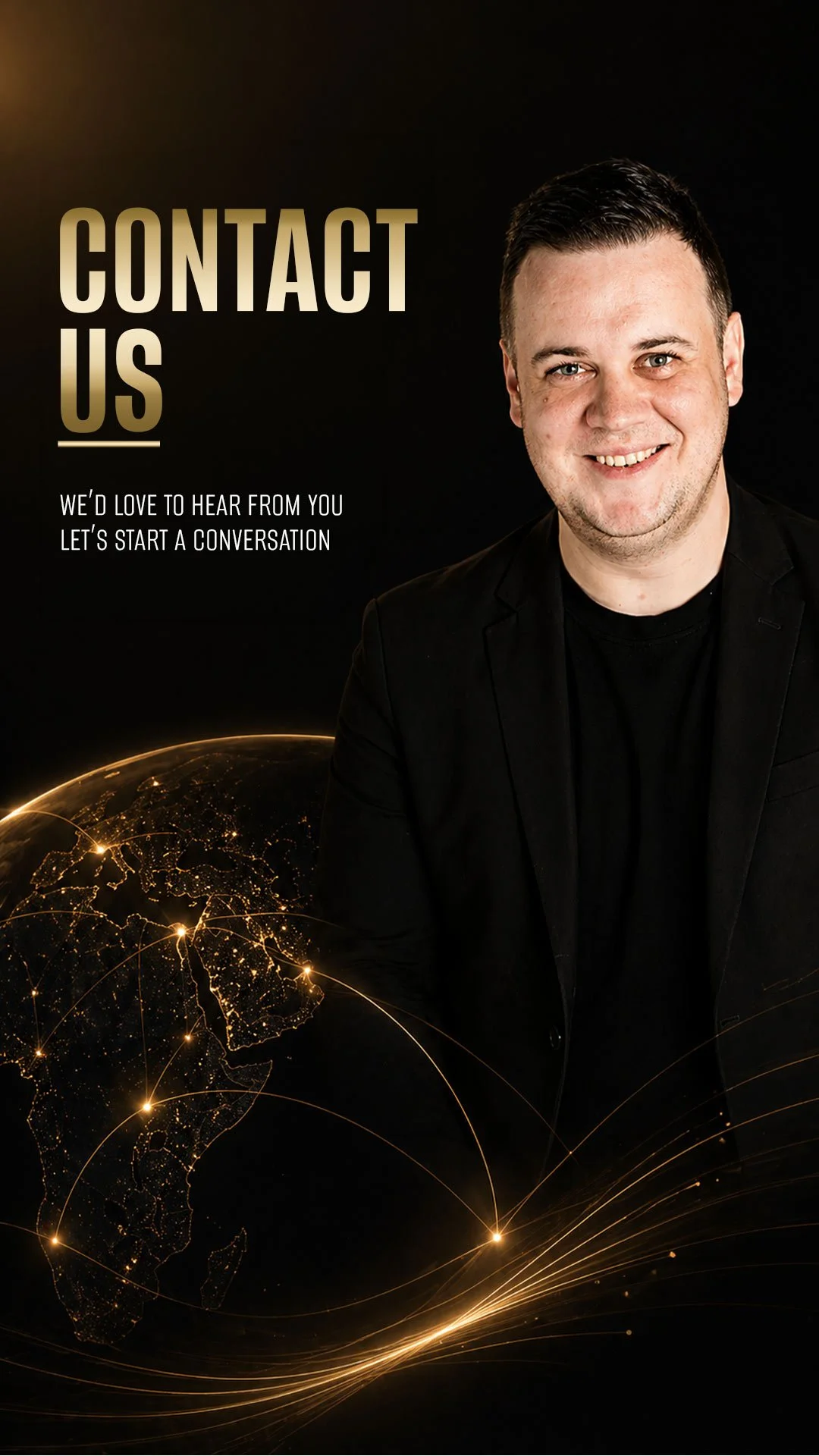 A smiling man in black clothing next to a digital graphic of Earth at night with illuminated connections, promoting contact and conversation.