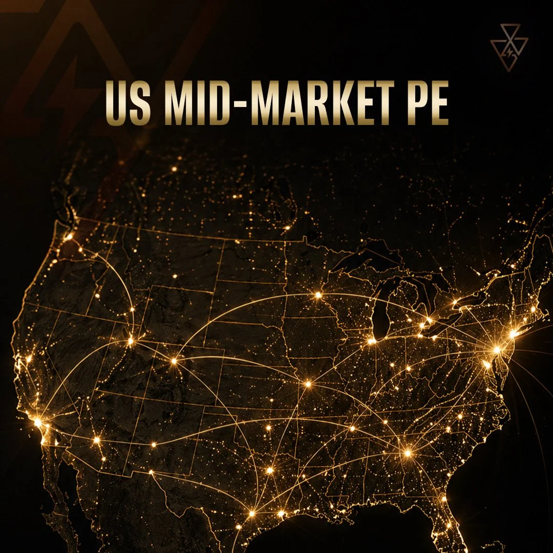 Highlighted map of the United States showing mid-market private equity activity at night with illuminated cities and connecting lines.