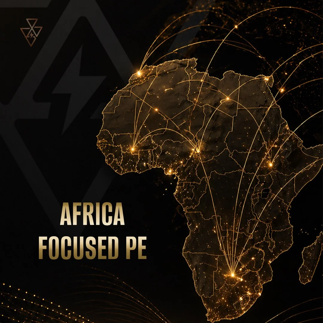 A digital illustration of a map of Africa with country borders highlighted in gold, showing interconnected points across the continent, with the text 'Africa Focused PE' in gold and beige letters on a dark background.