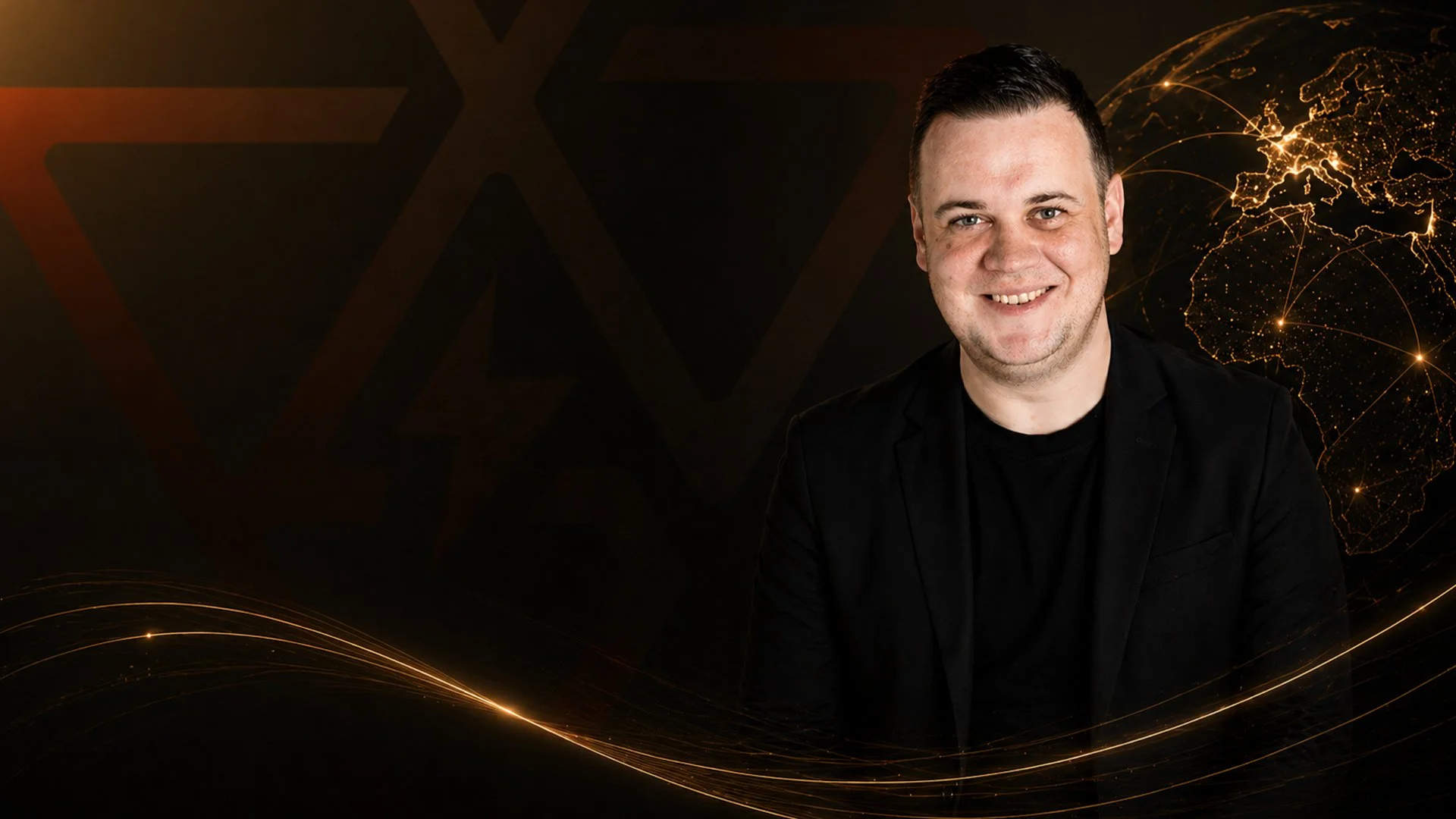 A smiling man with dark hair dressed in black, against a background featuring a digital map of Europe and gold light trails.