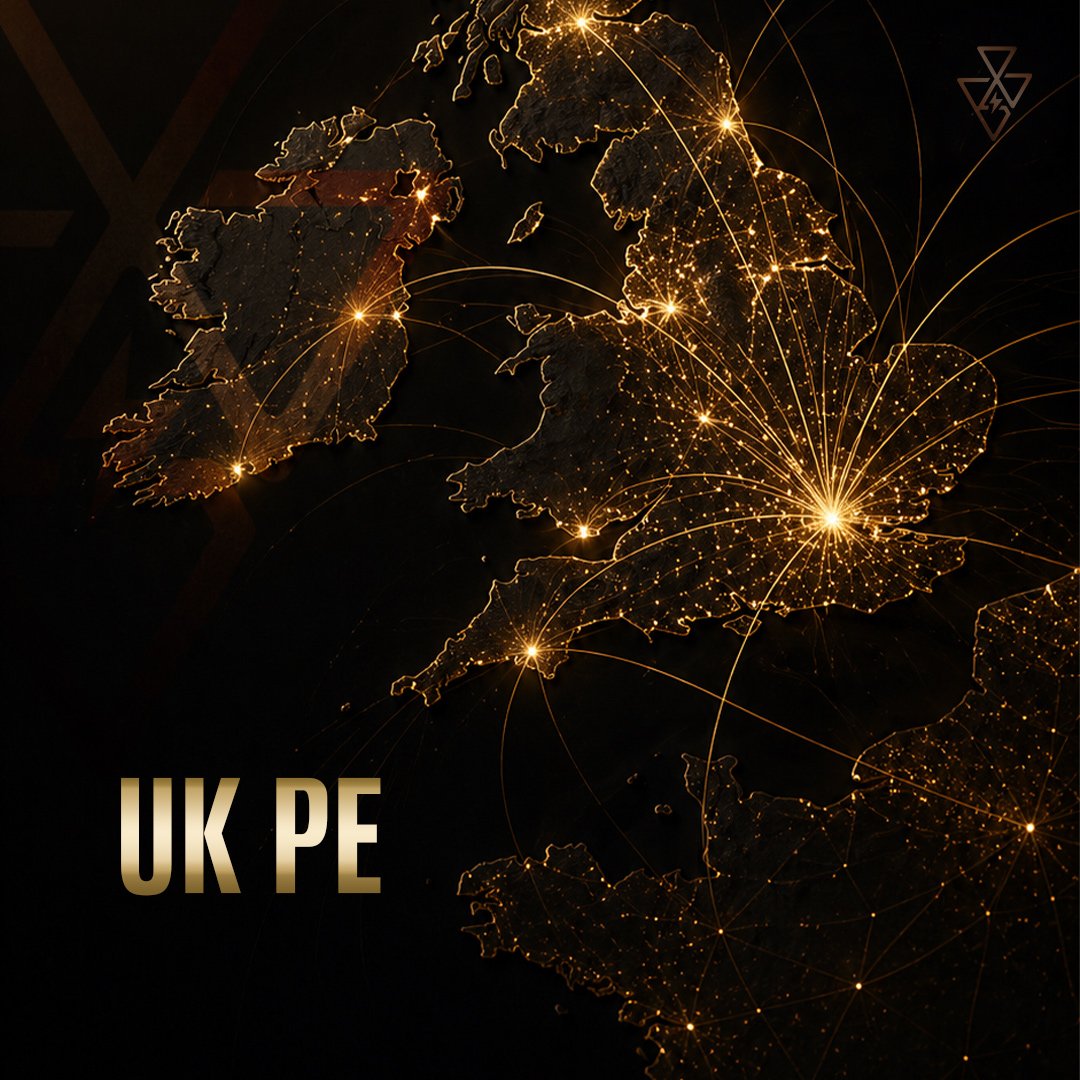 A digital map of Europe showing the United Kingdom, Ireland, and surrounding countries illuminated with connected bright gold points and lines representing data or connectivity, with the text 'UK PE' in the bottom left corner.