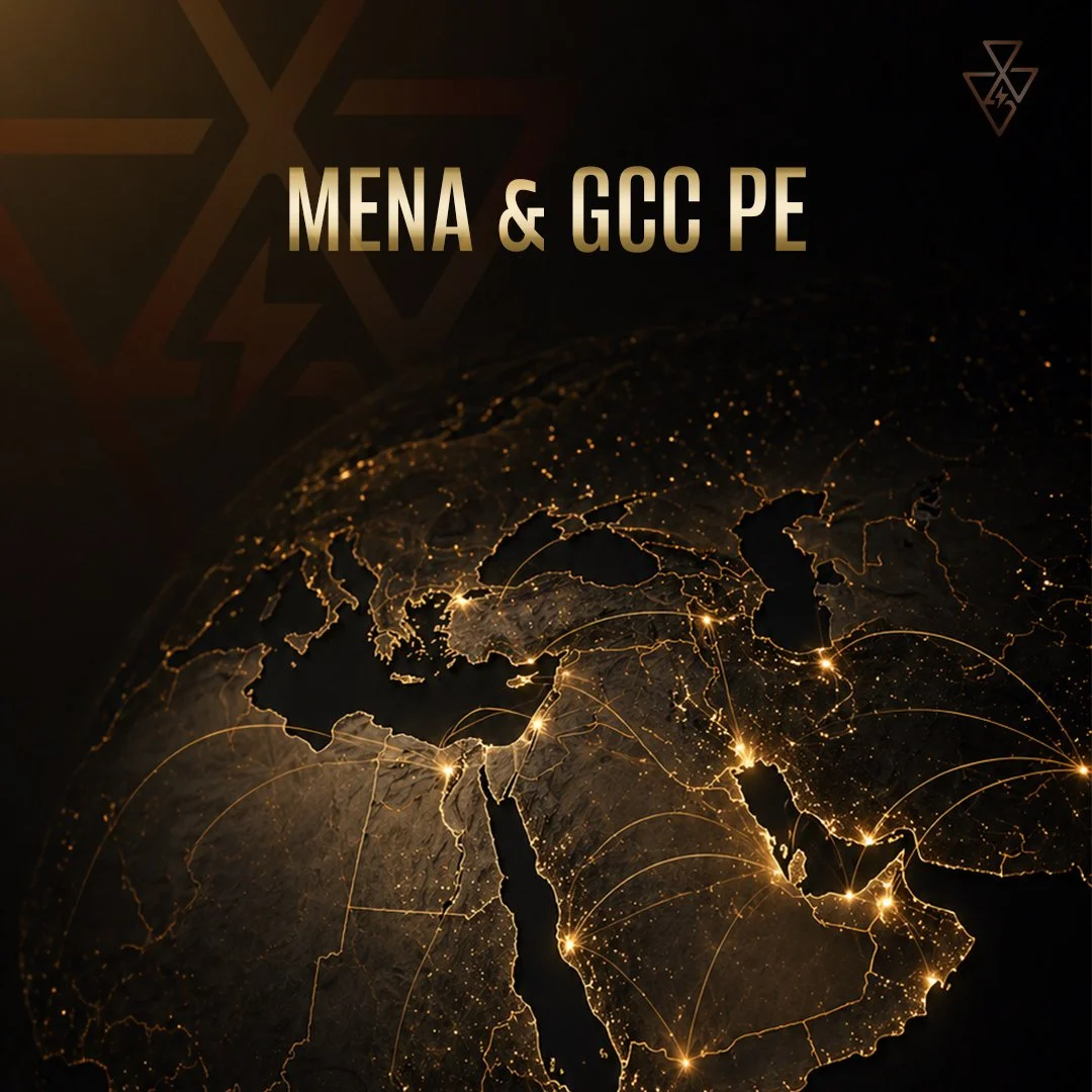 Black and gold illuminated map of the Middle East, North Africa, and parts of Europe and Asia, with highlighted city lights and network lines. The text 'MENA & GCC PE' is displayed at the top.