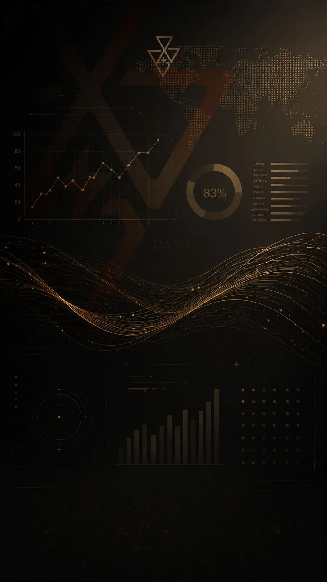 Futuristic digital interface with graphs, charts, world map, and glowing lines in dark tones.