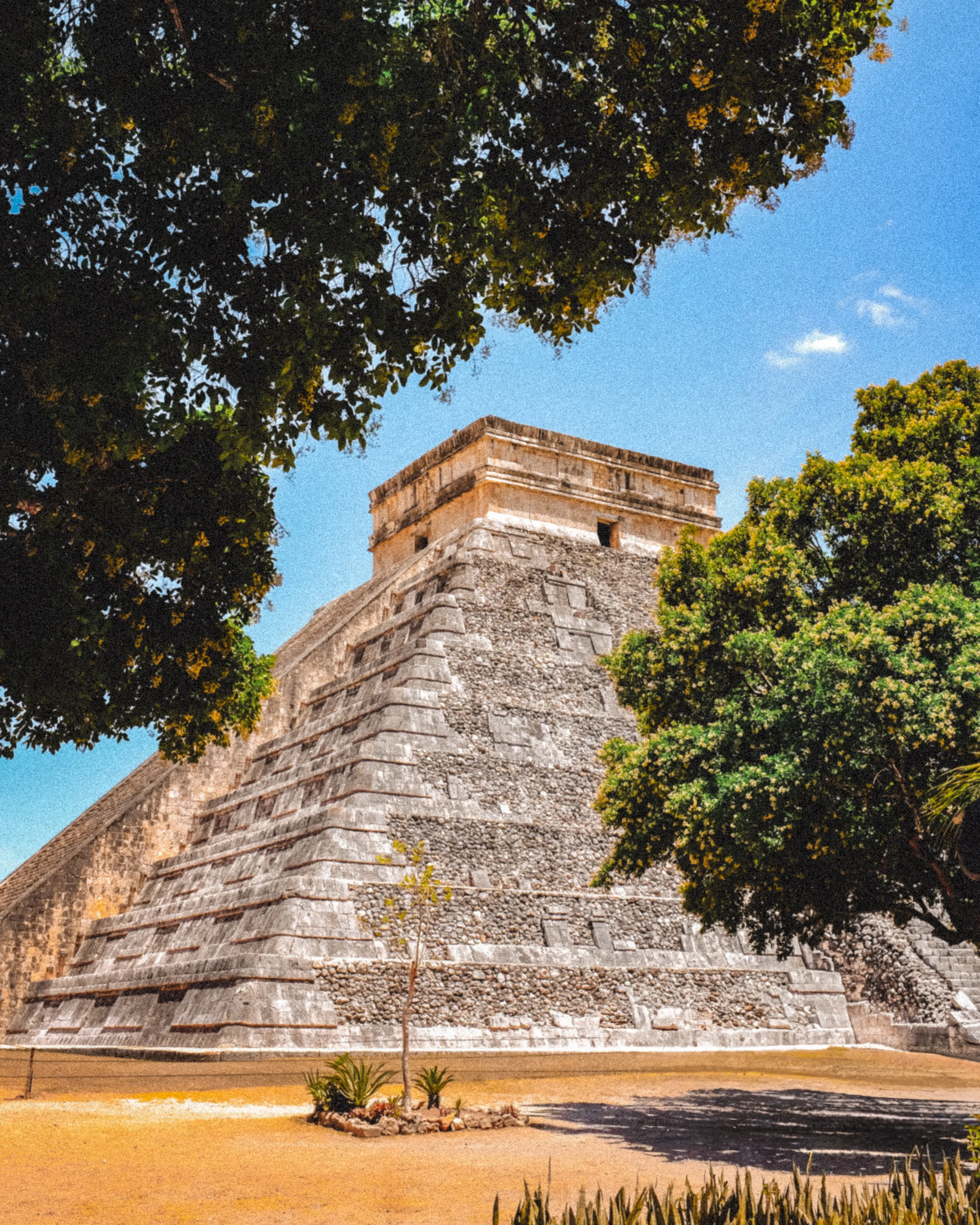 Une pyramide maya en pierre, entourée d'arbres et sous un ciel bleu.