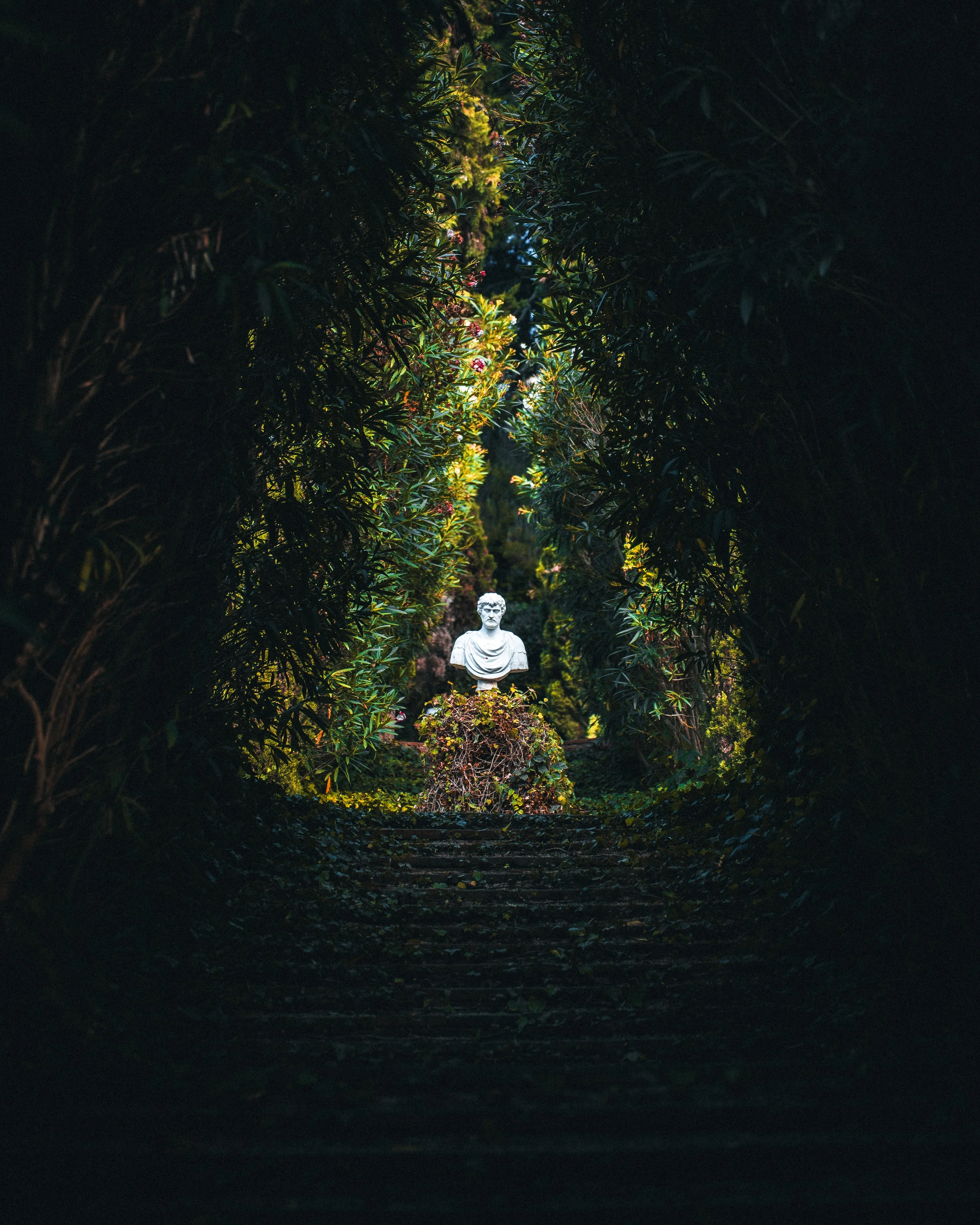 Scène dans un jardin avec une statue de buste d'homme au centre, entourée de végétation luxuriante et de haies feuillues, vue à travers un passage naturel encadré de feuillages.