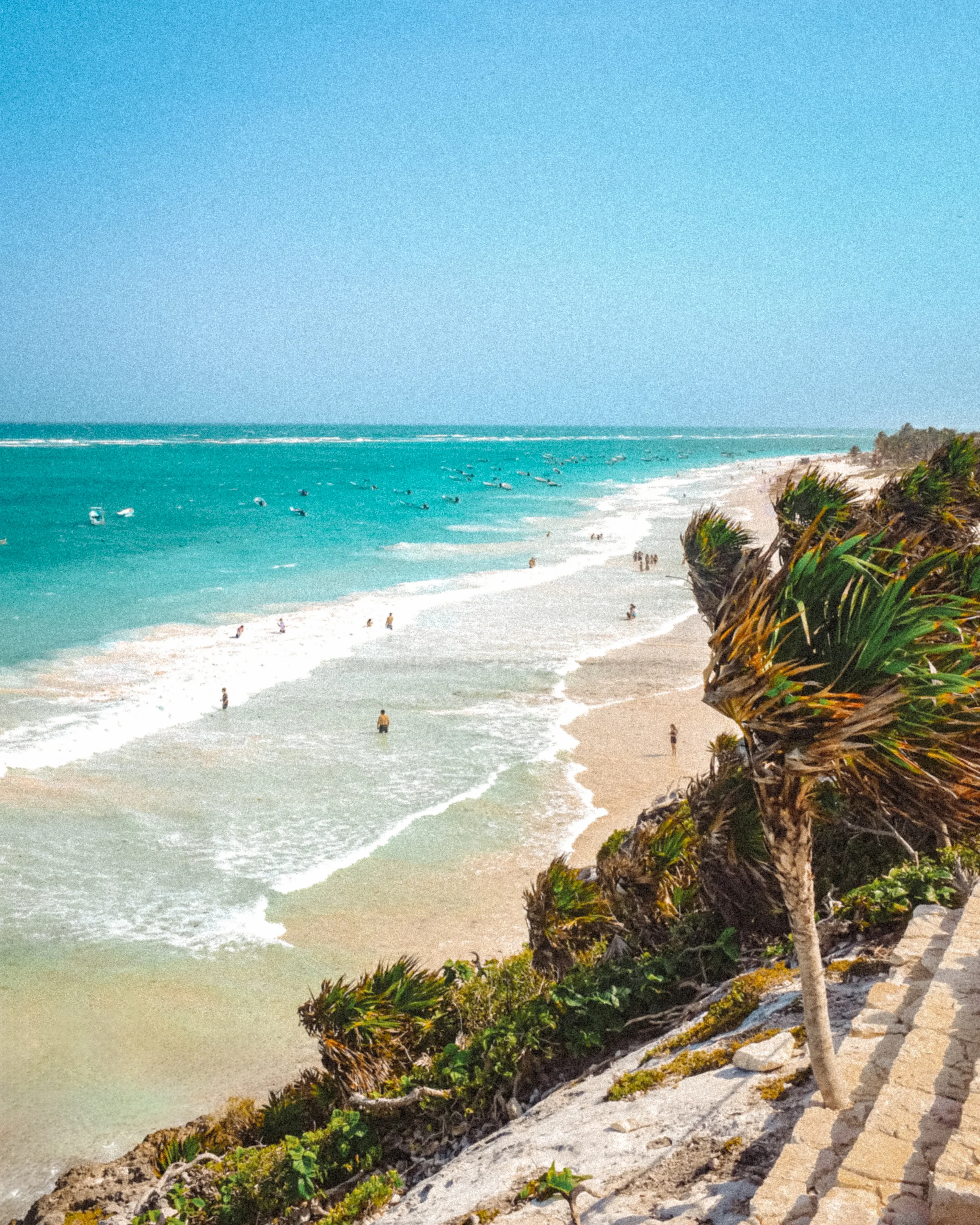 Plage de sable blanc avec des personnes nageant dans la mer turquoise, vue depuis un sentier en pente avec des plantes tropicales