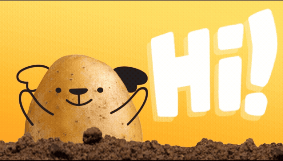 A cartoon illustration of a smiling dog with a potato as its body, emerging from dirt with a yellow background and the word 'HI!' in large white letters.