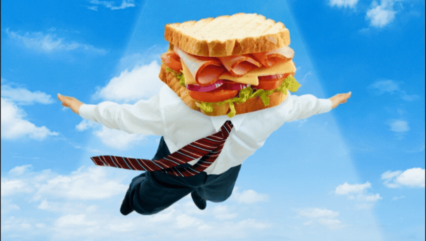 A person in business attire flying through the sky with a giant sandwich as a head.
