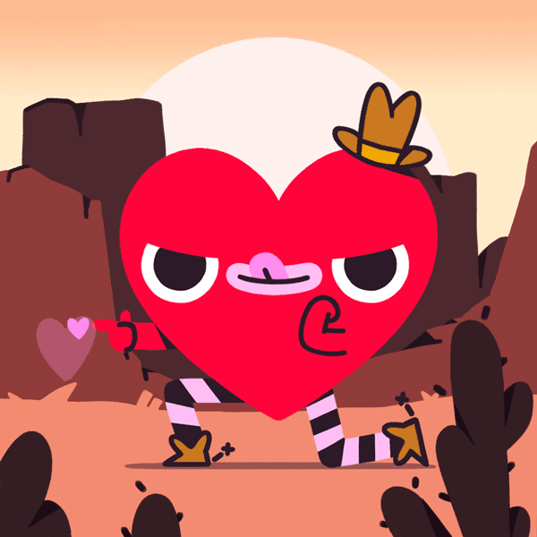Animated heart character with a face, wearing a cowboy hat, striped leggings, holding a purple heart, in a desert landscape at sunset.