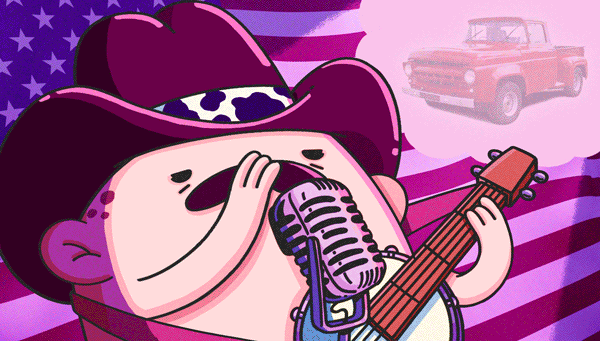 Cartoon character wearing a cowboy hat with an American flag band, singing into a microphone, holding a guitar, with a faint image of a vintage red truck in the background.