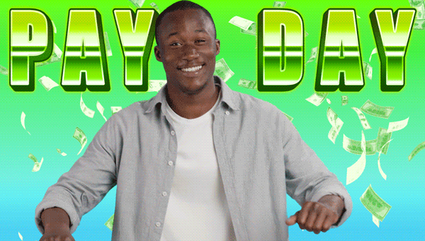 A man smiling in front of a colorful background with the words 'Pay Day' and falling dollar bills.