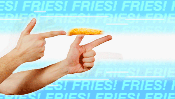 Two hands holding a piece of French fries in front of a background with the repeated word "FRIES!" in blue text.