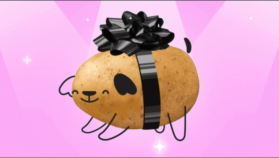 A potato with a drawn smiling face and limbs, decorated as a gift with black ribbon and bow, with a pink background.