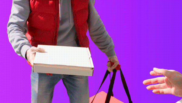 Person handing over a pizza box to another person with a purple background.