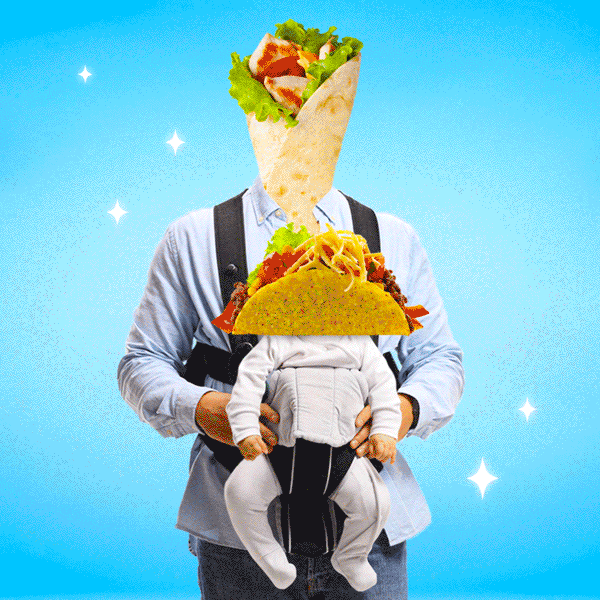 Person carrying a baby in a front-facing carrier with food items edited onto their head and chest, including a taco on their chest and a burrito on their head, against a blue background with star-like sparkles.