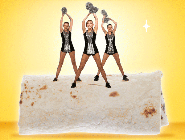 Three dancers standing on a large wrap, holding pom-poms, against a yellow background.