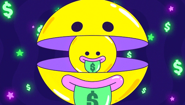 A cartoon animation of a yellow smiling face with a purple tongue and a dollar sign on its mouth, emerging from a yellow capsule or shell surrounded by dollar signs and stars.