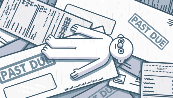 A cartoon illustration of overdue bills and past due notices with a dead fish on top.