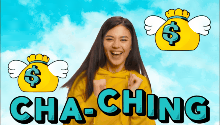 A young woman in a yellow hoodie, smiling and celebrating, with two cartoon money bags with wings in the background and the words "CHA-CHING" in bold blue text.