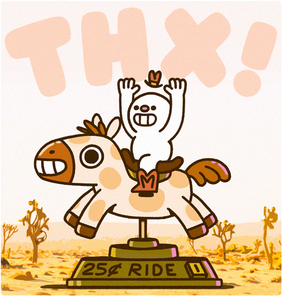 Cartoon of a smiling horse ride with a character riding on it. The character has raised hands, bunny ears, and is making a peace sign. The background has a desert scene with small trees, and the words 'THX!' are at the top in large, pink letters. The