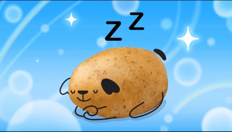 A cartoon illustration of a sleeping potato with a bear face with closed eyes, lying on a cloud with a light blue background and sparkles, and the letter Z showing it is sleeping.