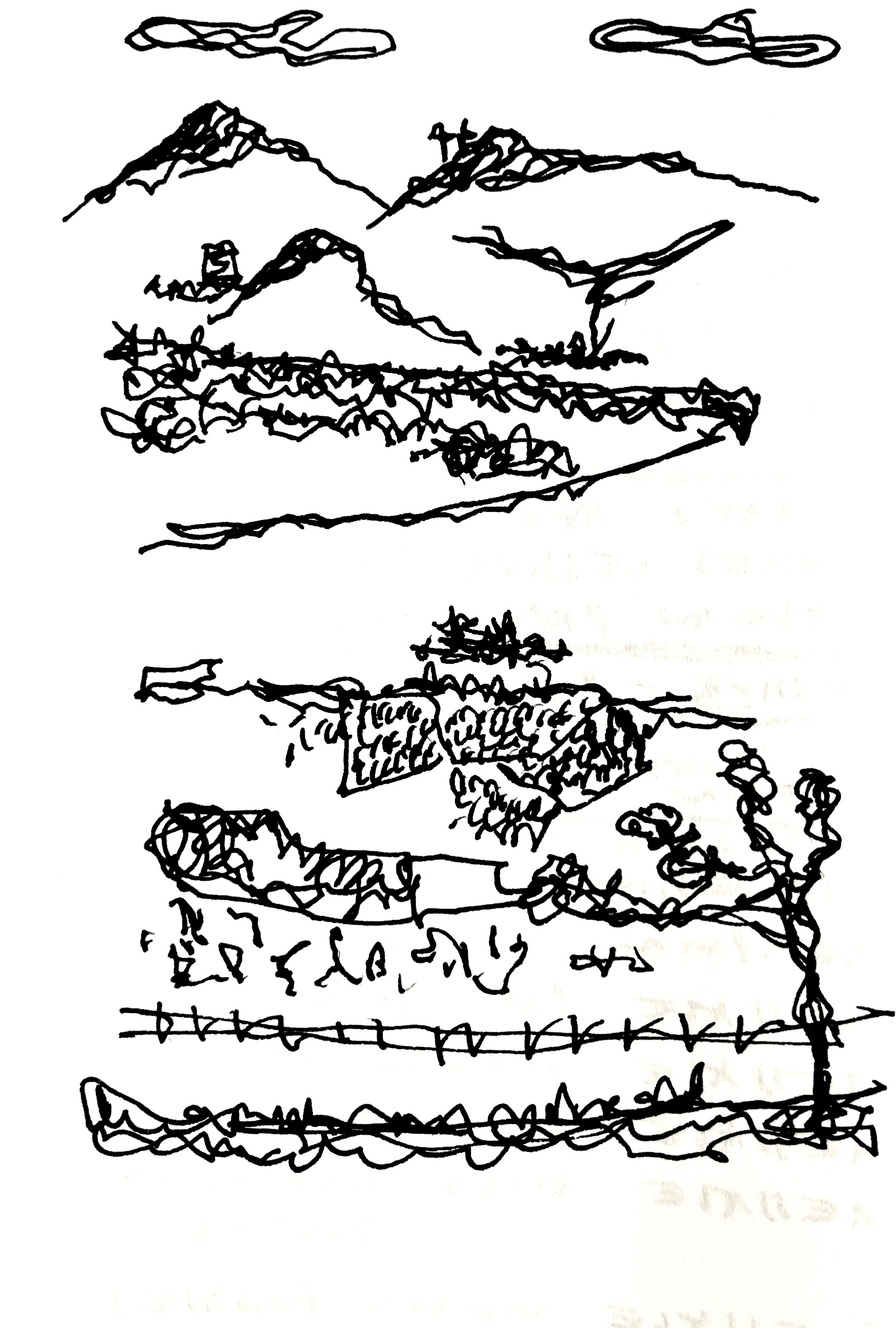 Skizze einer Landschaft mit Bergen, Bäumen und einer Rebe.