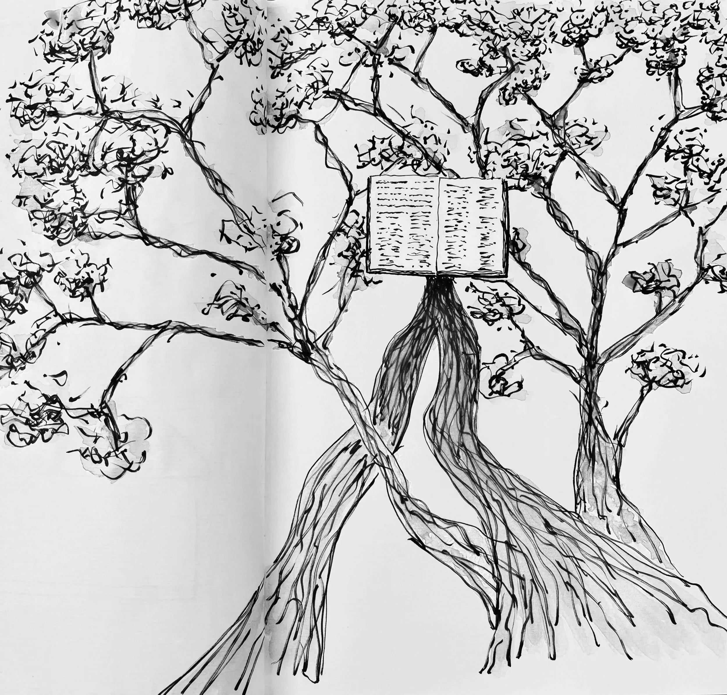 Zeichnung eines Baumes mit einem auf den Zweigen liegenden offenen Buch aus dem zwei Flüsse fliessen.