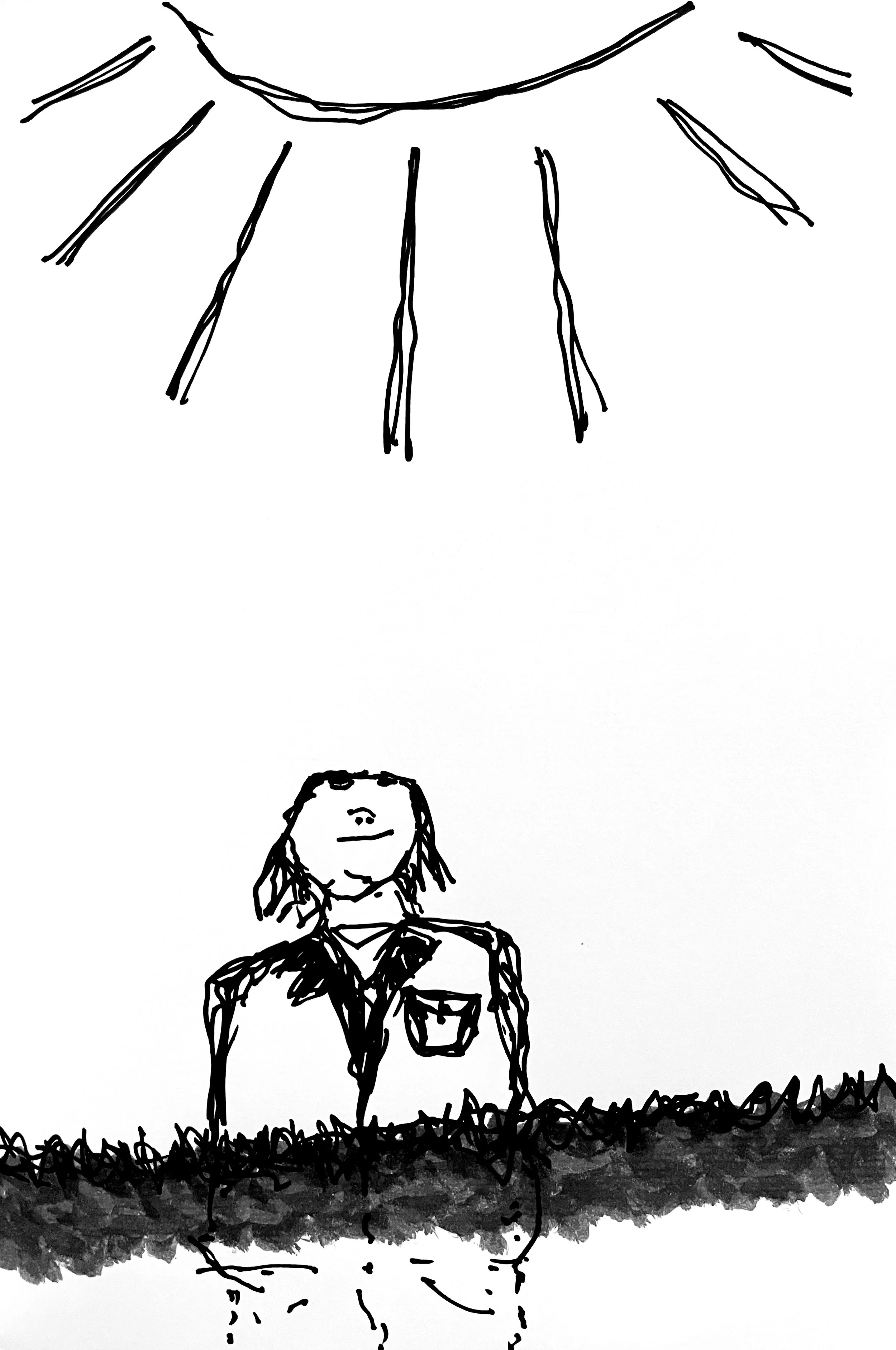 Eine schwarz-weiße Skizze einer Person, die nach der Sonne Schaut.