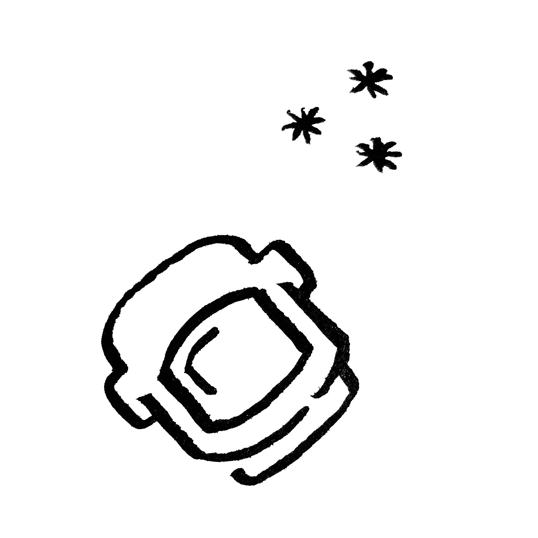 Schwarz-weiße Skizze eines Astronauten Helm mit drei Sternen im oberen rechten Bereich.