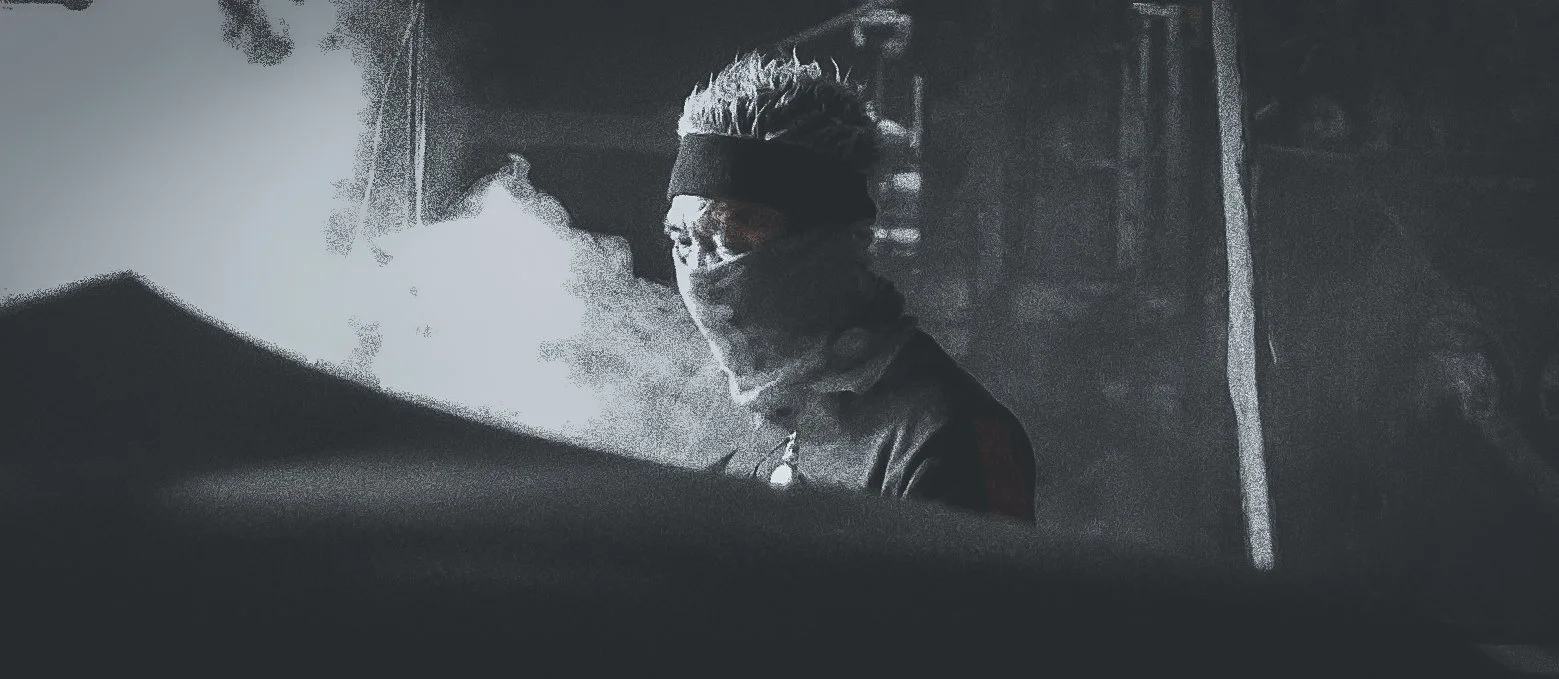 A person with spiked hair, wearing glasses, a headband, a face mask, and a jacket, standing in front of a large machine with smoke or vapor coming out.