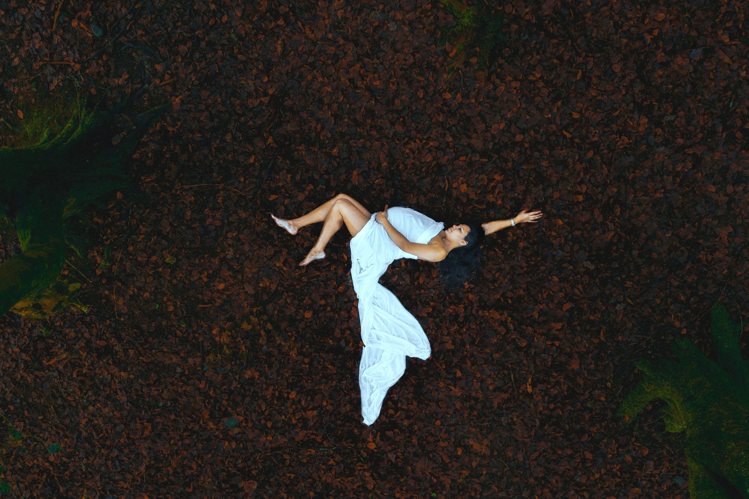 A woman with long dark hair lying on her side on a bed of brown leaves in a forest, wearing a white dress and a bracelet, with her arm extended above her head.