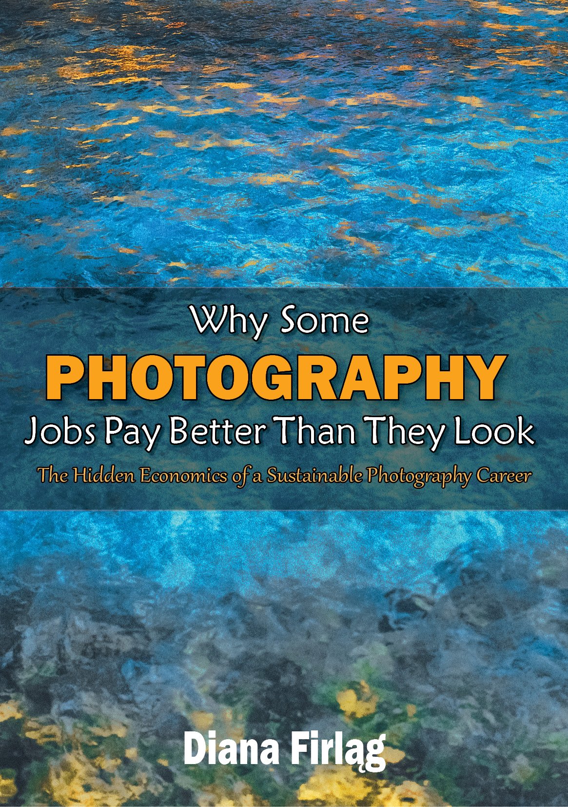 Book cover with an image of a blue and orange water surface, titled 'Why Some Photography Jobs Pay Better Than They Look' by Diana Firlagi. Subtitle reads 'The Hidden Economics of a Sustainable Photography Career.'