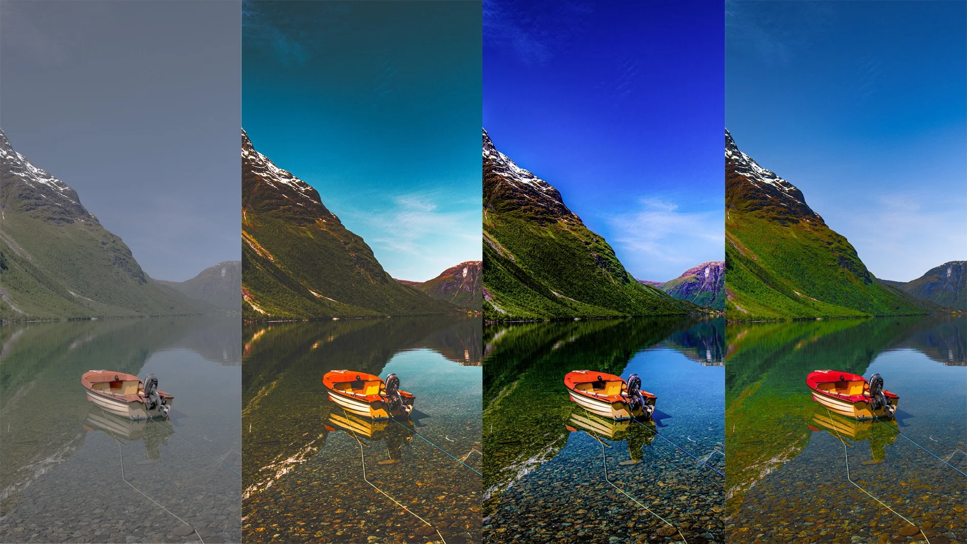 A panoramic landscape photo of a mountain lake with a small boat floating on the water. The image is divided into four sections, showing different color filters applied, altering the sky, water, and mountain hues.