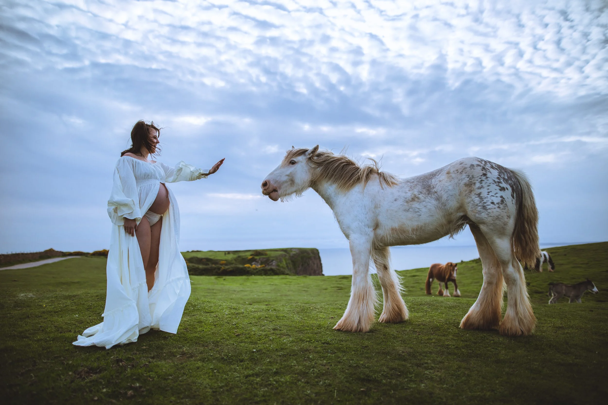 A pregnant woman in a flowing white dress standing on a grassy field, extending her hand toward a white and brown spotted horse, with other horses grazing in the background under a partly cloudy sky.