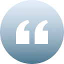 A blue speech bubble with white quotation marks inside.