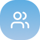 Icon of two abstract human figures with a plus sign between them, on a blue circular background.