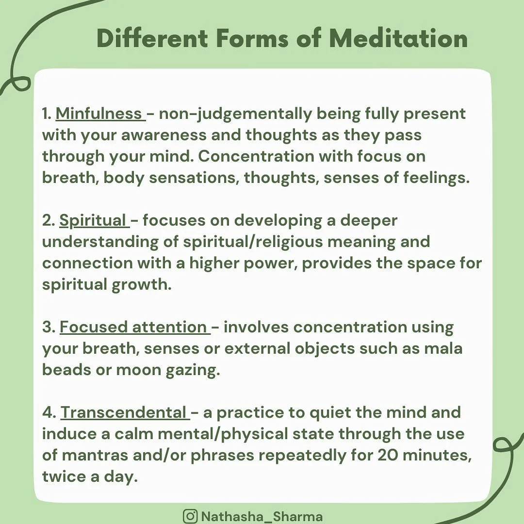Meditation is a topic talked about all over the media and Instagram but often, the different forms of meditation that offer distinct benefits are not discussed. Here are 16 different types of meditations briefly described, however there are several m