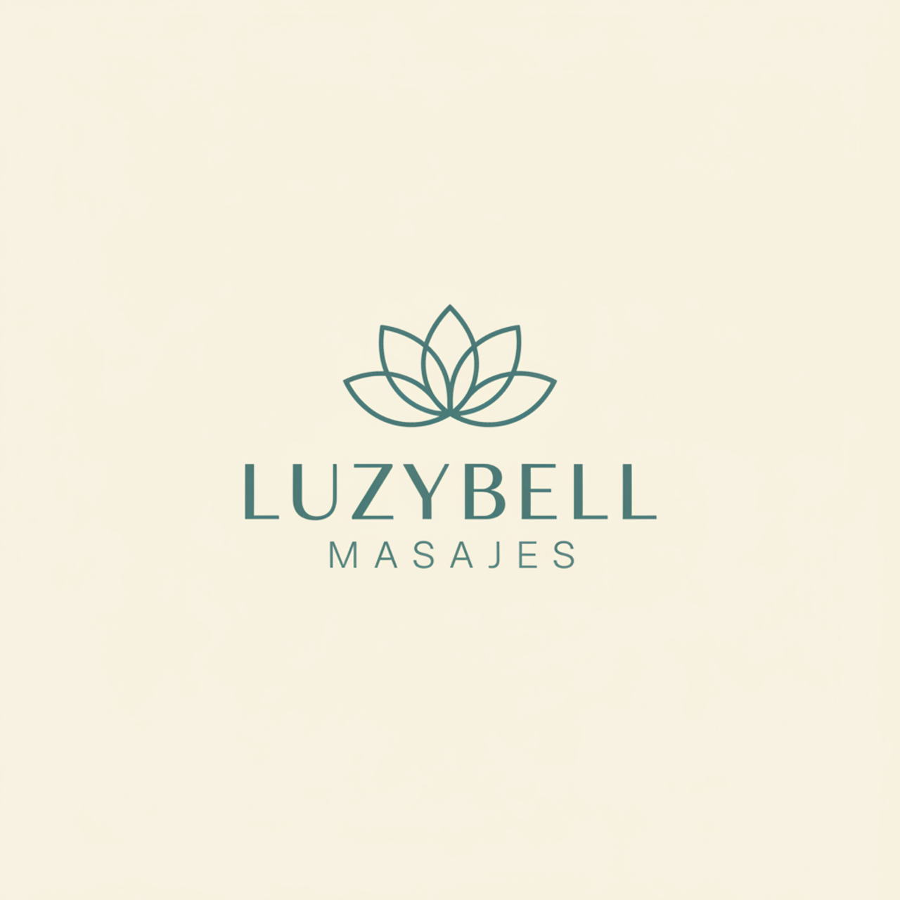 Logotipo de Luzybell Masajes con un icono de flor de loto y texto en color verde sobre fondo beige.