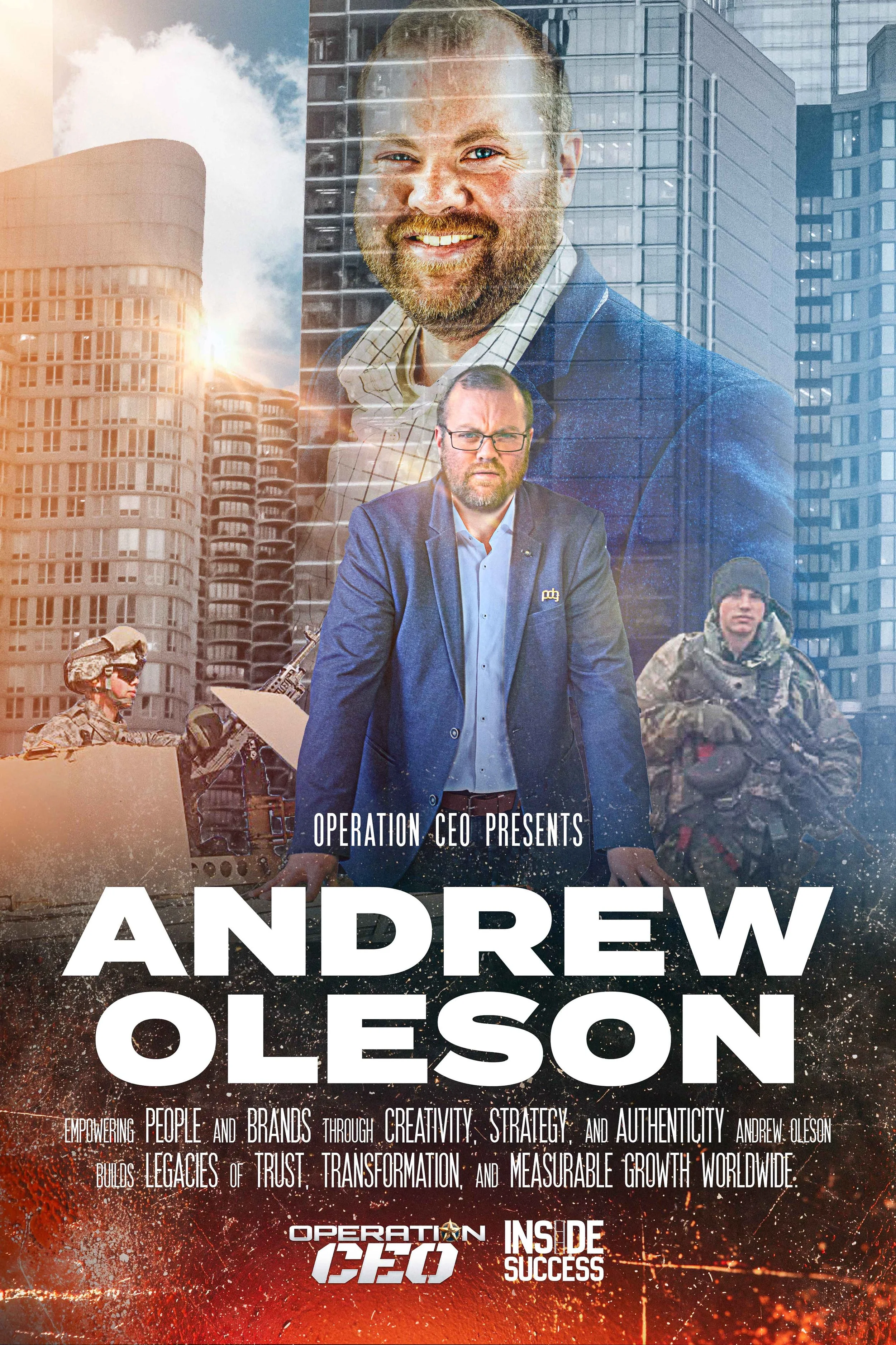 Poster promoting Andrew Oleson, CEO of PDG+creative  presented by Operation CEO and 'Inside Success', emphasizing empowerment, creativity, strategy, and authenticity, along with themes of trust, transformation, and measurable growth.