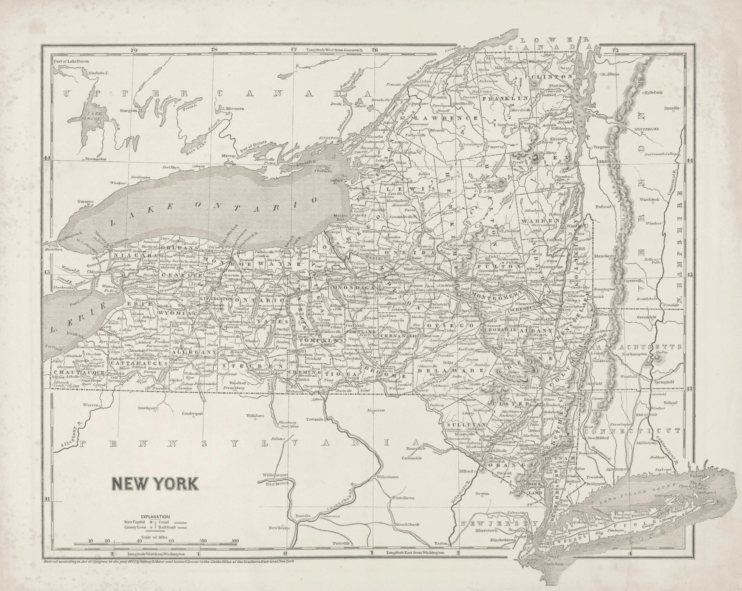 Historical map of the state of New York, showing counties, railroads, lakes, and geographical features.