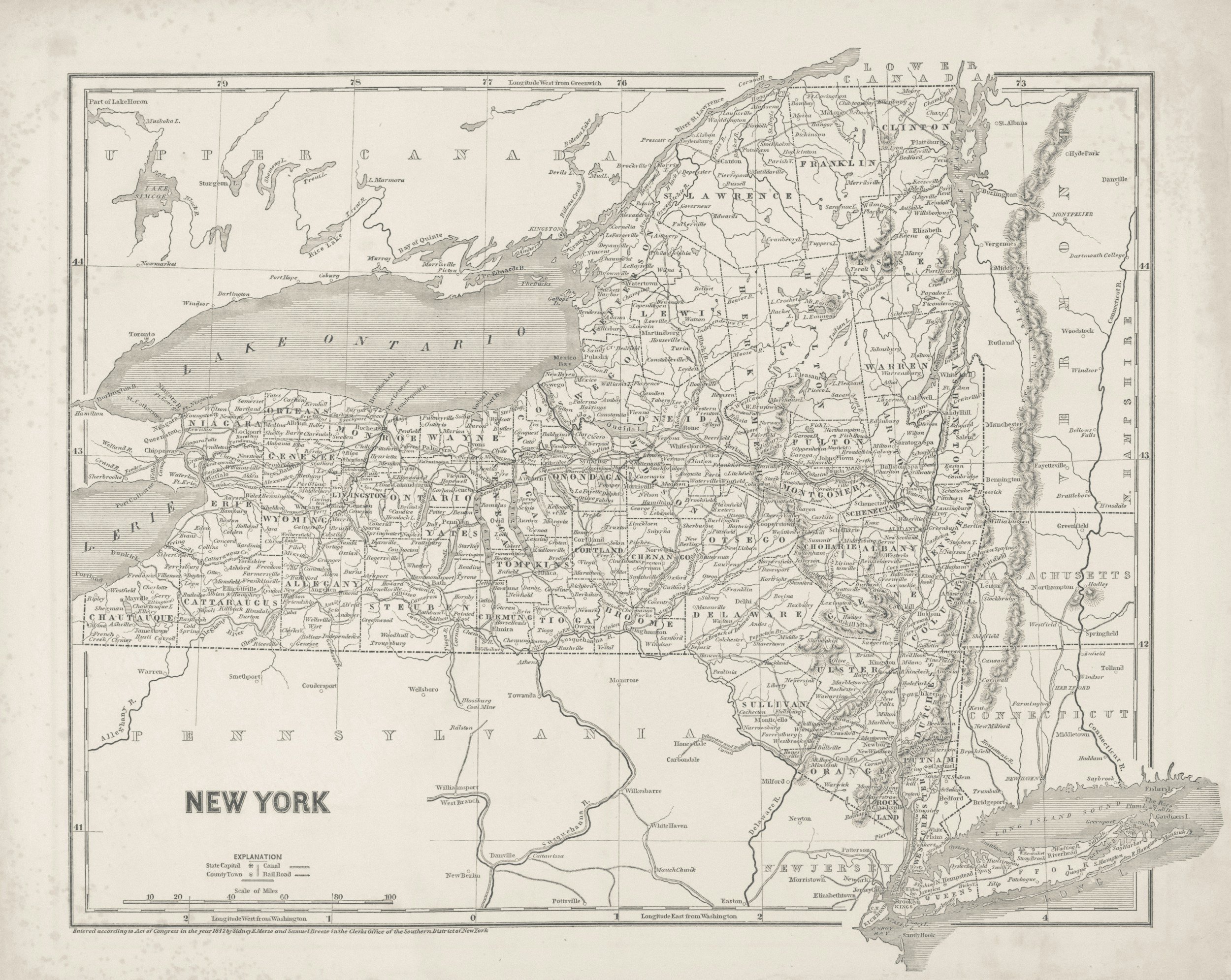 A historical map of New York state from an old publication, showing counties, towns, railroads, and geographical features such as lakes and rivers.