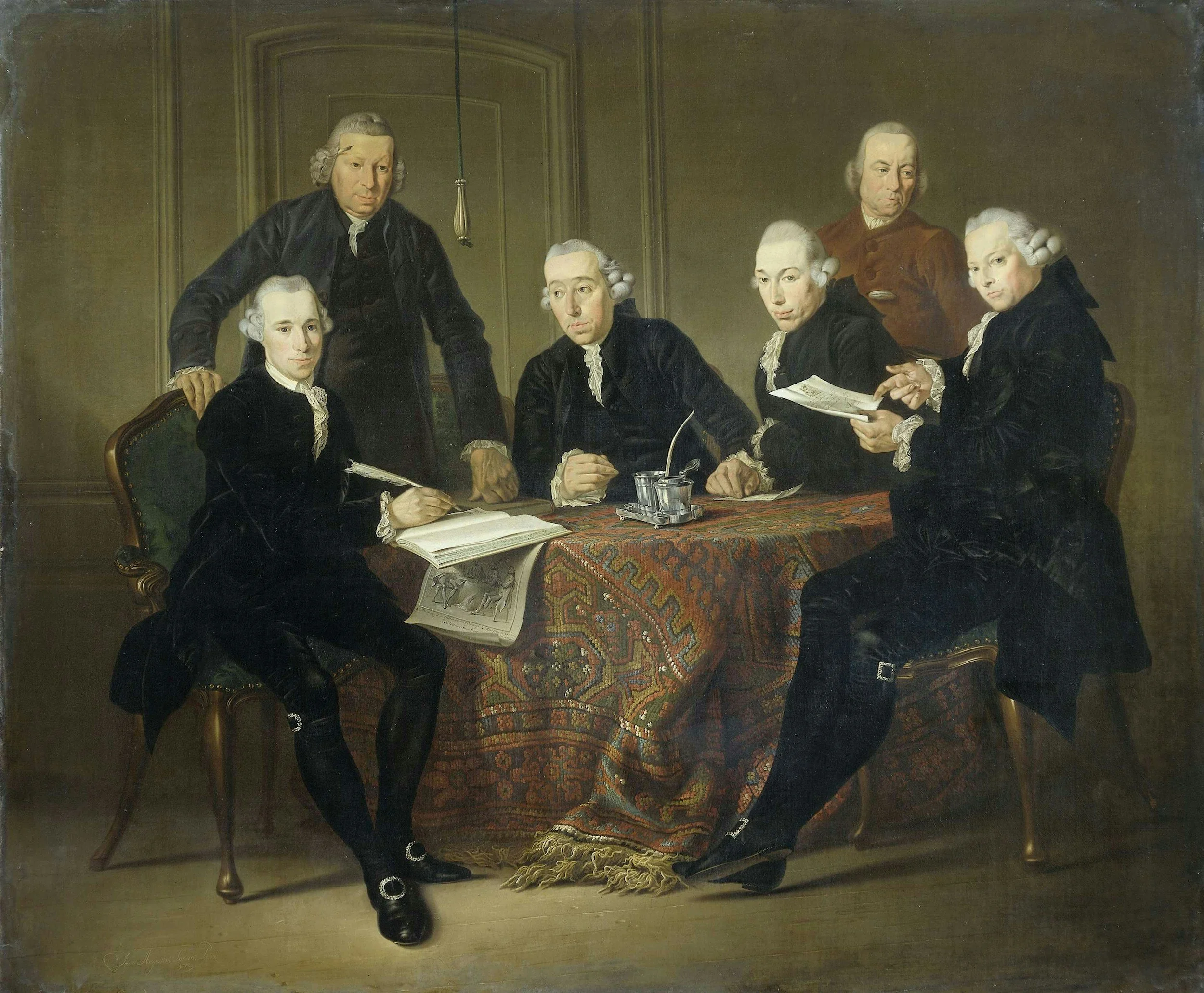 A historical painting depicting six men dressed in 18th-century attire, gathered around a table with documents and writing materials, in a formal indoor setting.